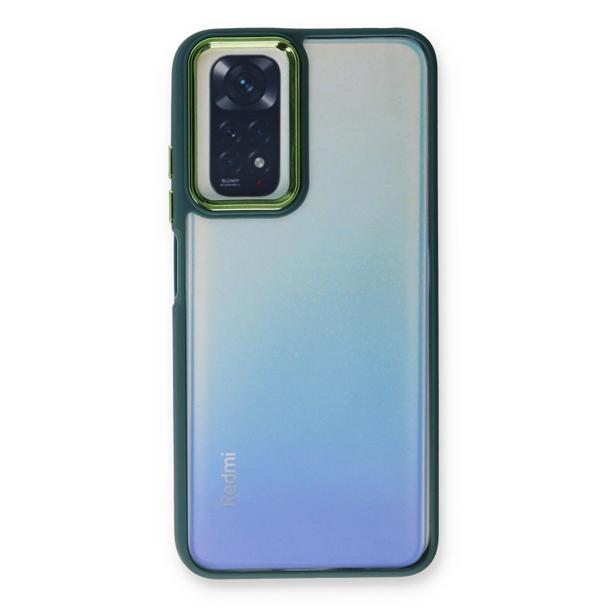 Şeffaf mavi-mor gradyanlı ve kamera modüllü koyu yeşil telefon kılıfı.