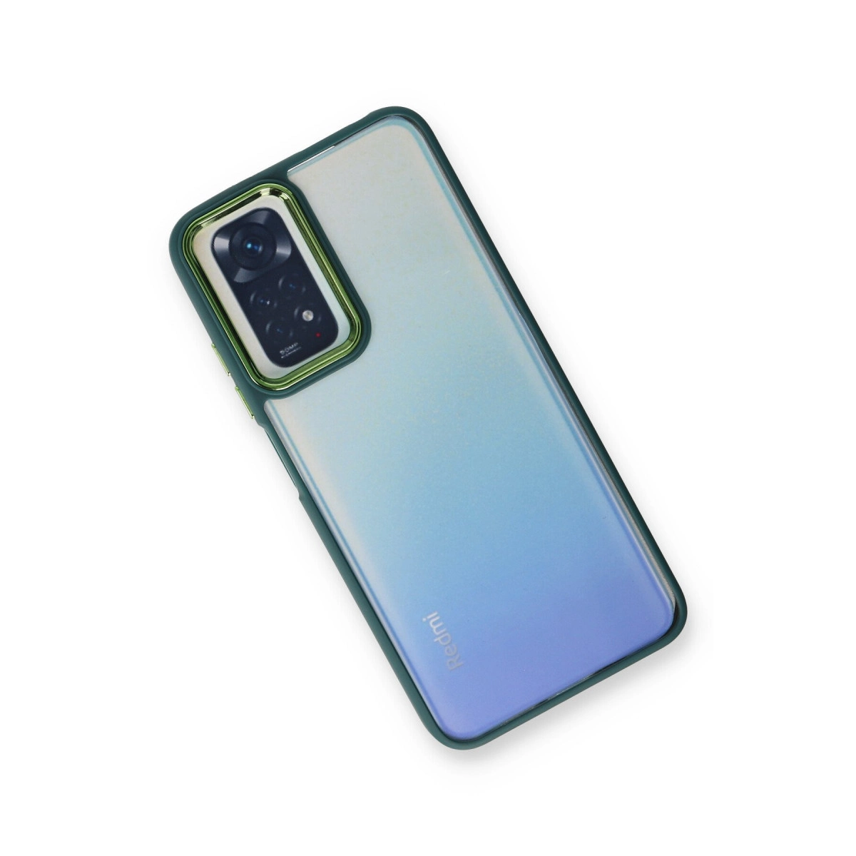Yeşil kenarlı, mavi geçişli arka yüzlü ve kamera çıkıntılı akıllı telefon.