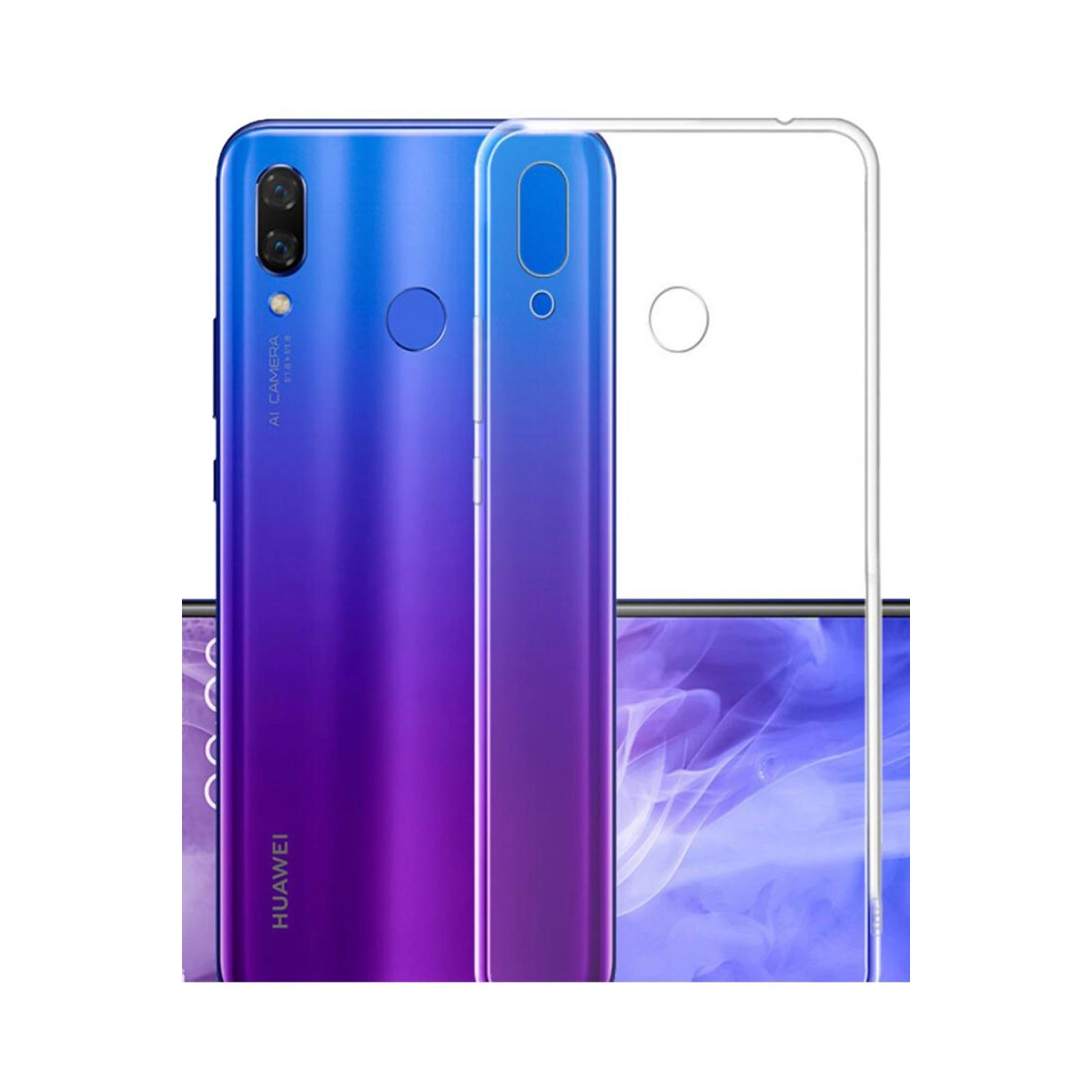 Üç kameralı mor Huawei telefon ve şeffaf kılıf.