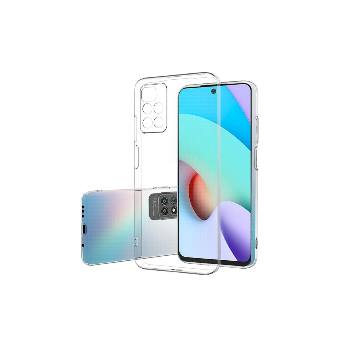Renkli duvar kağıdına sahip kamera dizilimli bir akıllı telefonun üzerinde şeffaf telefon kılıfı.