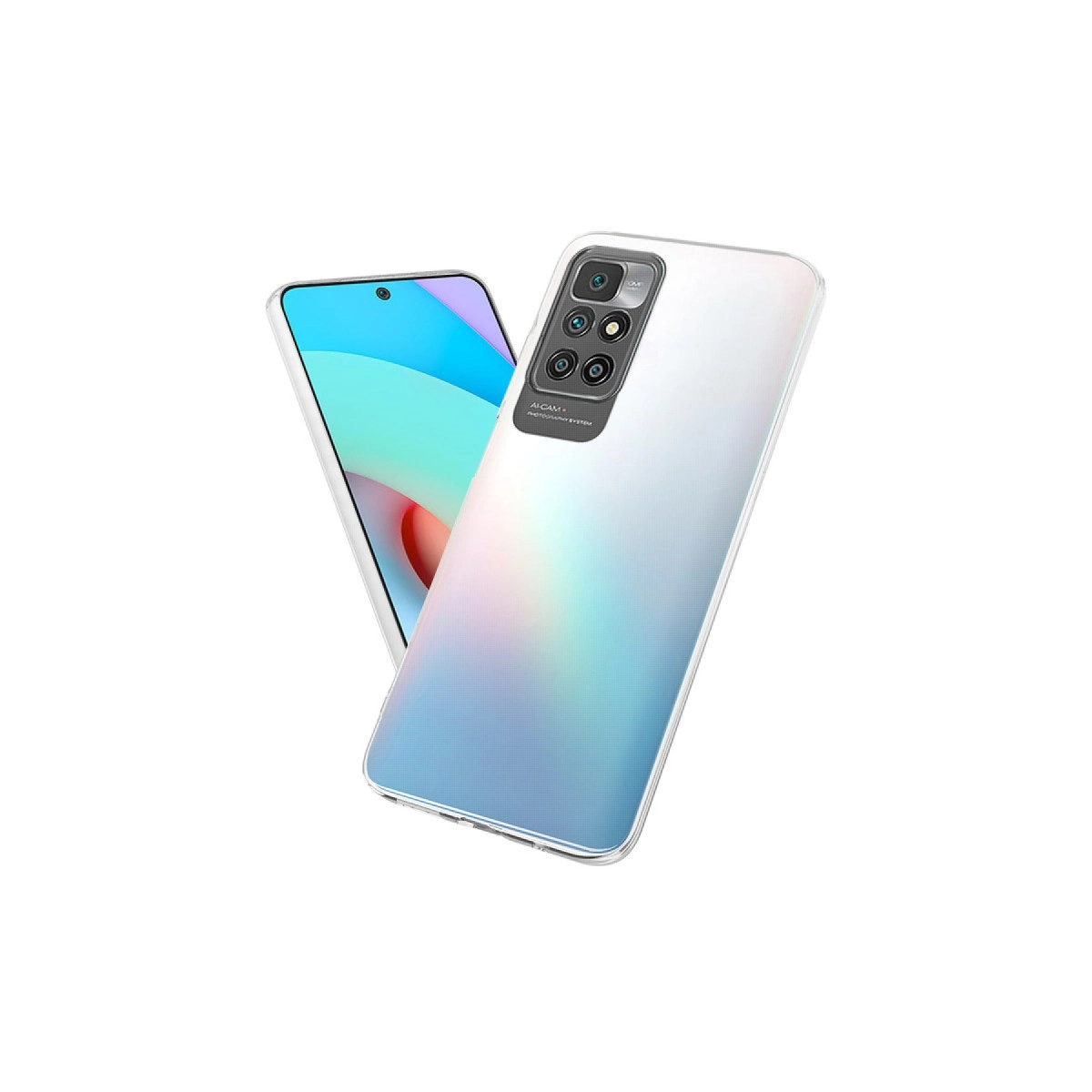 Arkada kamera modülü bulunan şeffaf kasalı beyaz bir akıllı telefon.
