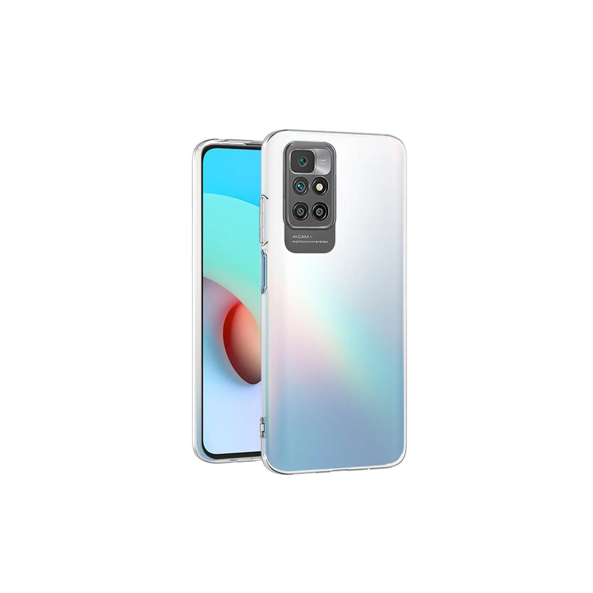 Dört kameralı, degrade arka planlı şeffaf telefon.