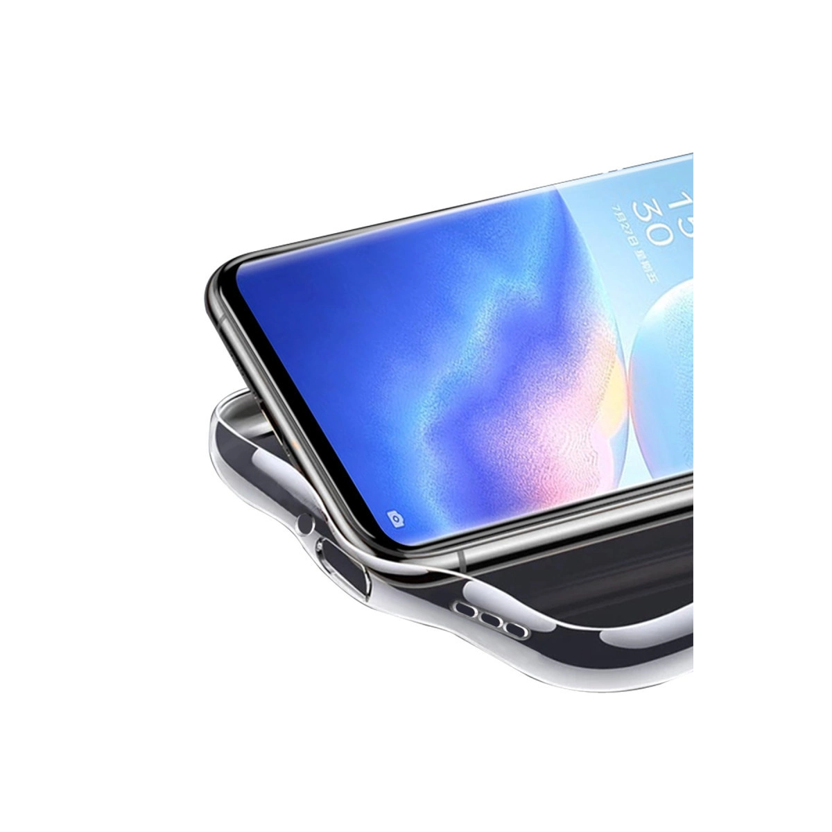 Şeffaf telefon kılıfı mavi ekranlı bir akıllı telefonu çevreliyor.