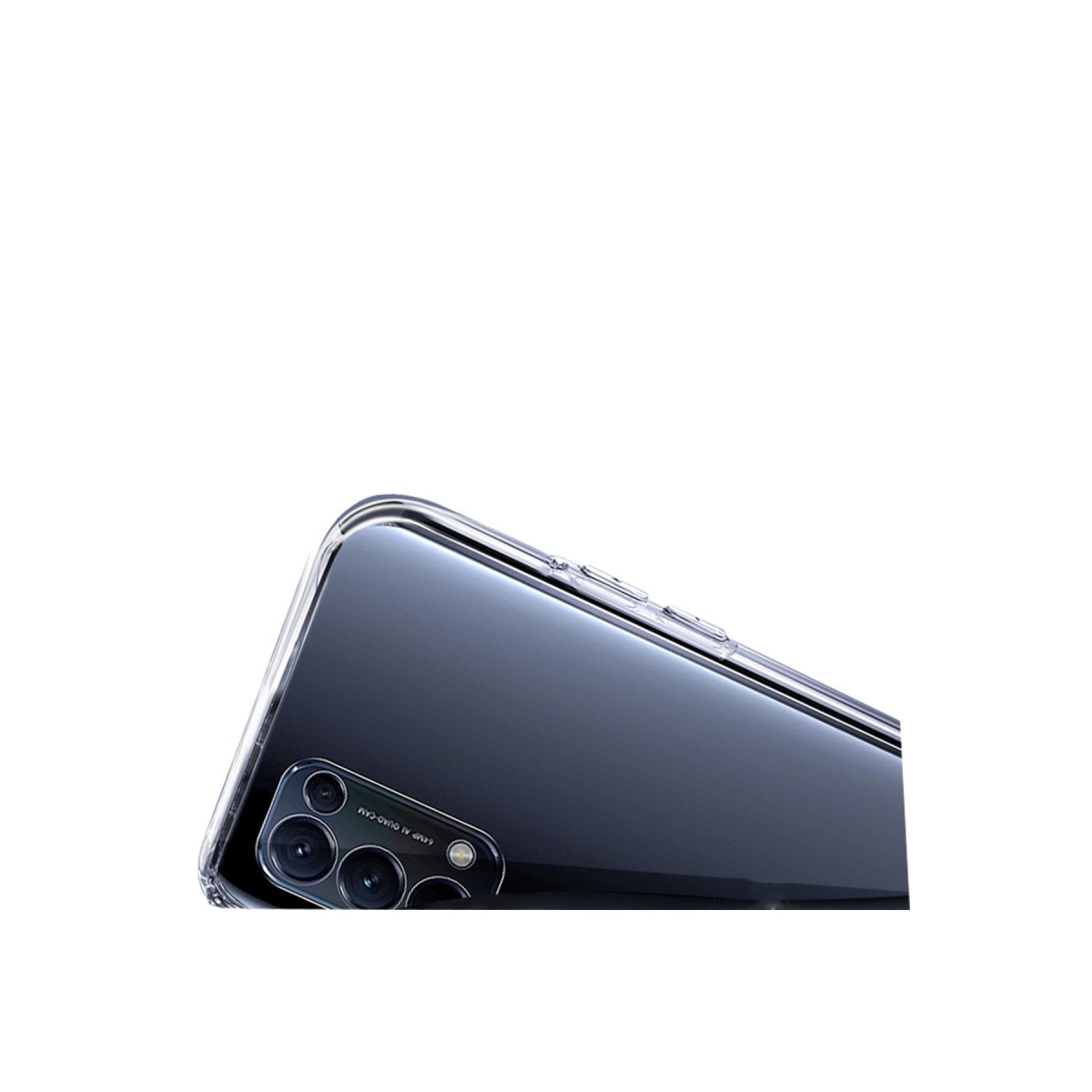 Dört kameralı koyu renkli bir akıllı telefonu gösteren şeffaf telefon kılıfı.