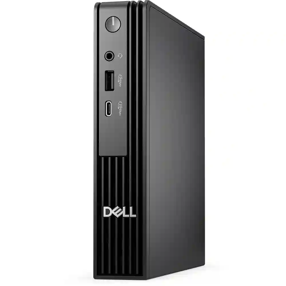 Ön USB ve ses bağlantı noktalarına sahip siyah Dell mini PC.