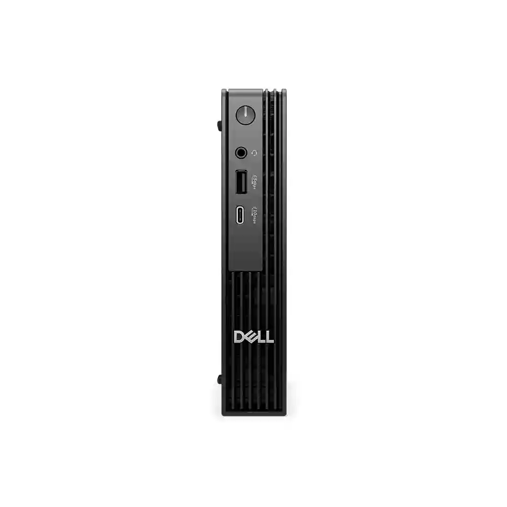 Siyah Dell mini PC, ön tarafta USB bağlantı noktaları ve güç düğmesi.