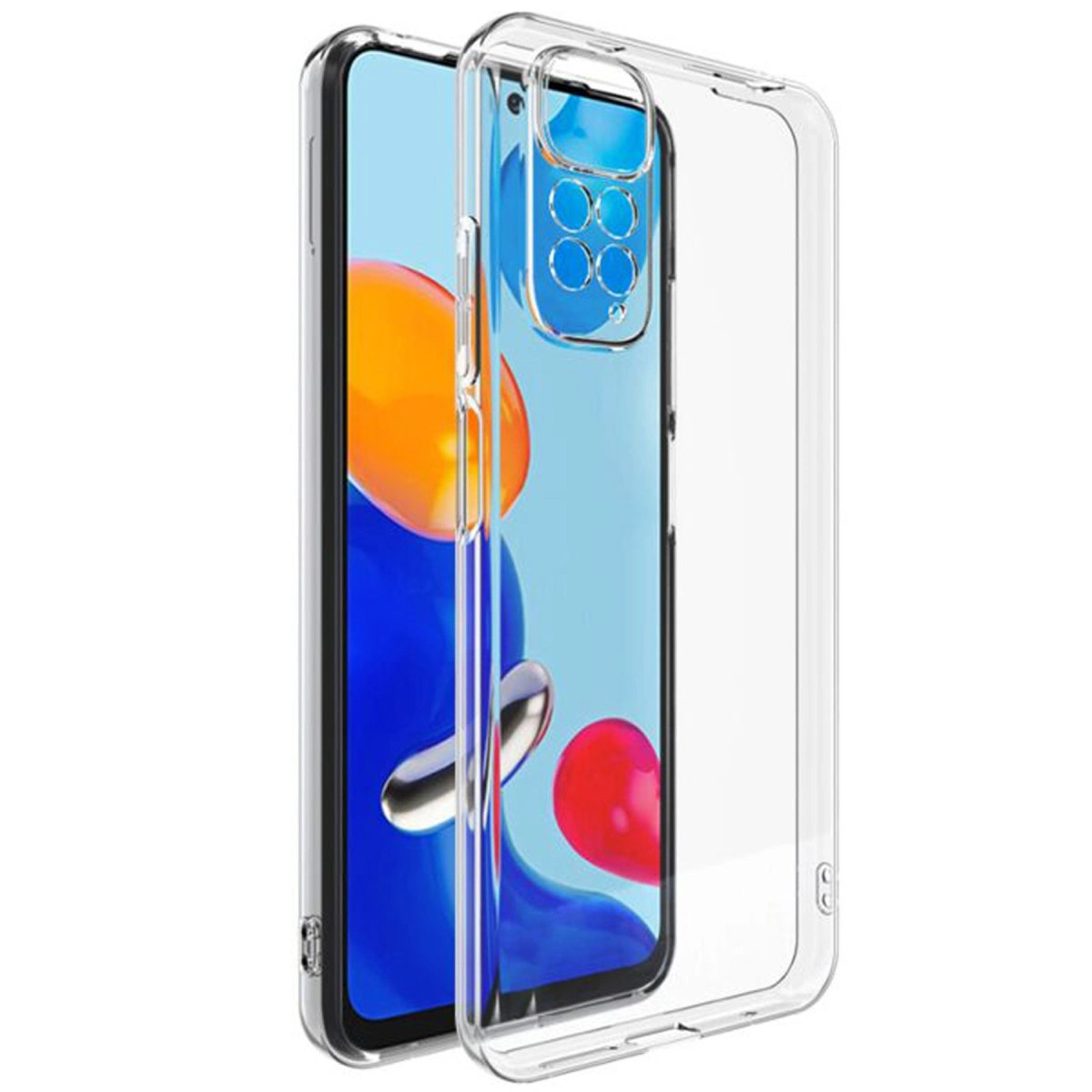 Renkli bir ekran gösteren bir telefonla sunulan şeffaf telefon kılıfı.