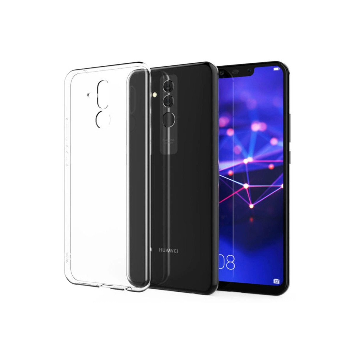 Şeffaf telefon kılıfı ve mavi neon ağ arka planlı siyah Huawei akıllı telefon.