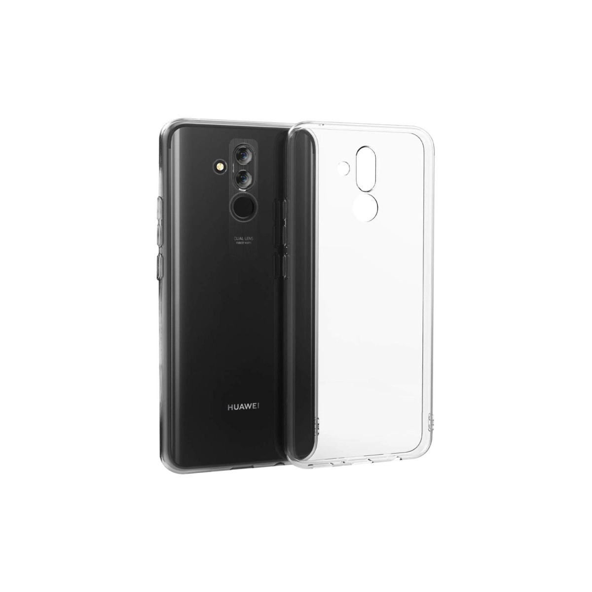 Beyaz zeminde şeffaf telefon kılıfının yanında siyah bir Huawei telefon.