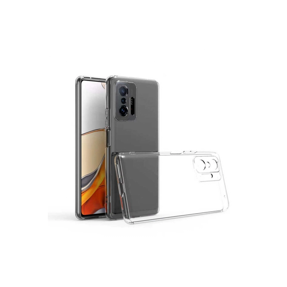 Kamera modüllü bir akıllı telefonun yanında şeffaf telefon kılıfı.