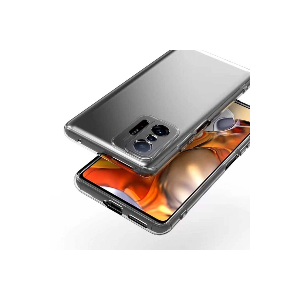 Üç kameralı bir akıllı telefonun üzerinde şeffaf telefon kılıfı.