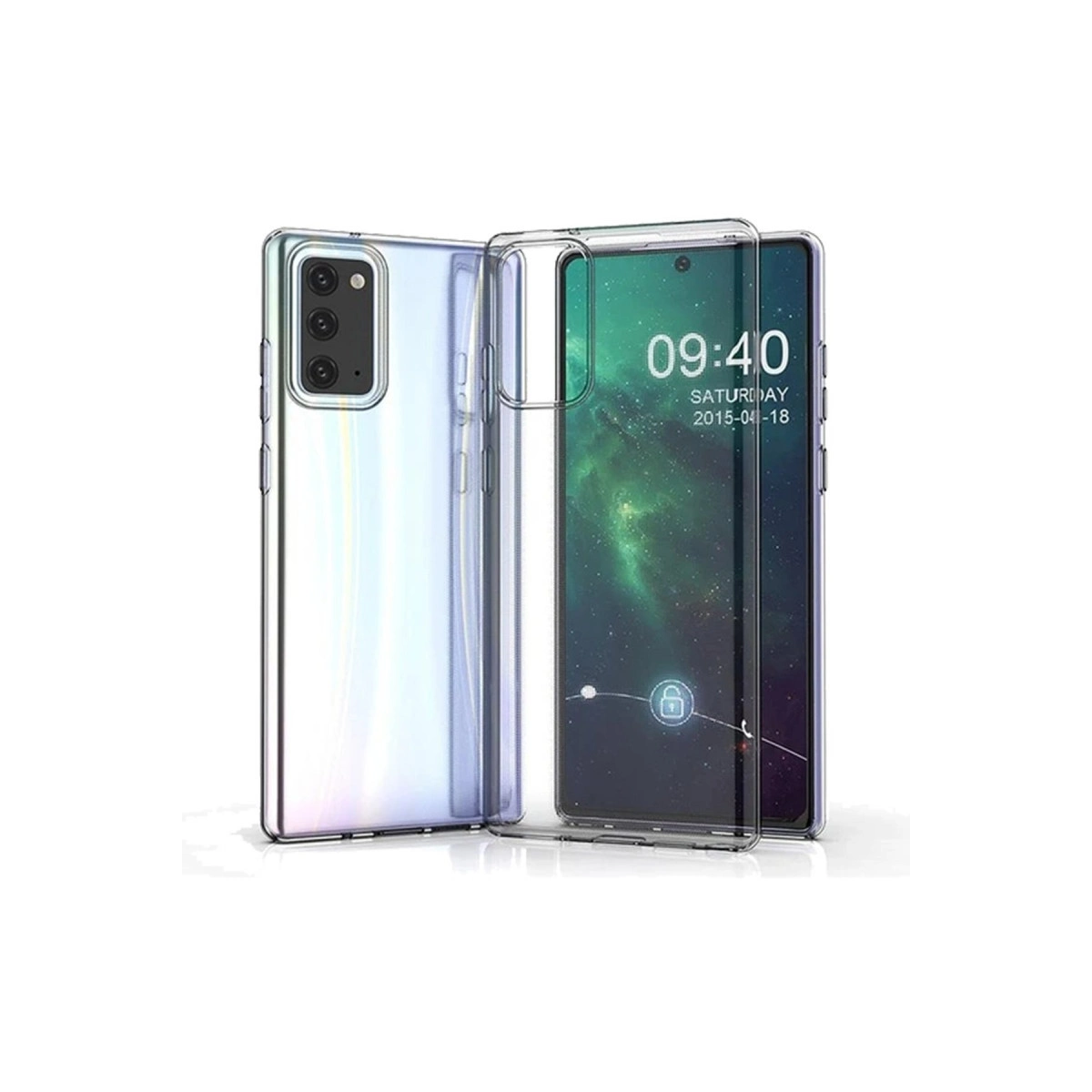Yeşil arka plan görüntüsü gösteren akıllı telefonda şeffaf telefon kılıfı.