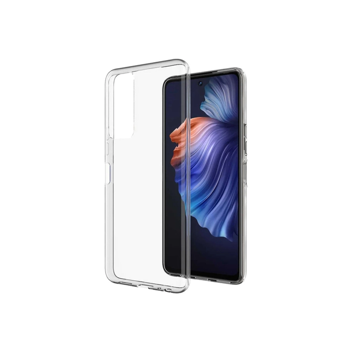 Renkli ekranlı bir akıllı telefonun yanında şeffaf bir telefon kılıfı gösteriliyor.