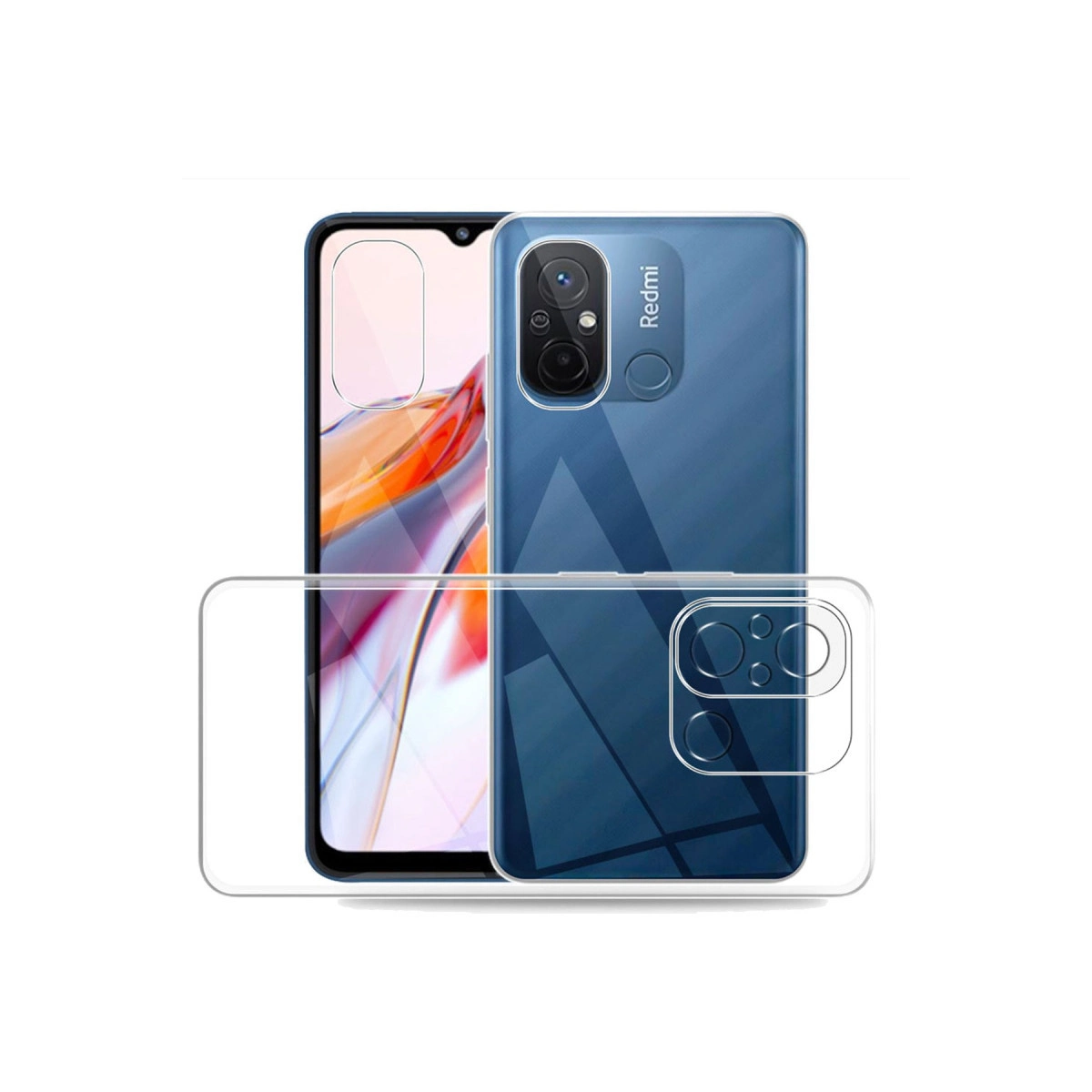 Şeffaf kılıflı mavi bir Xiaomi Redmi telefon. Kamera görünür durumda.