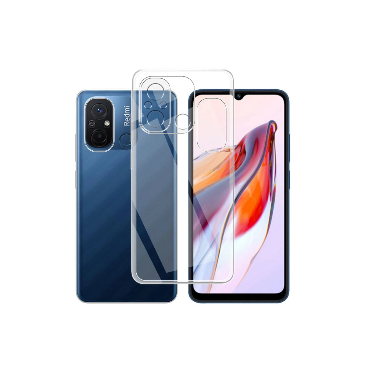 Şeffaf kılıflı ve ekranlı mavi bir Redmi telefon.