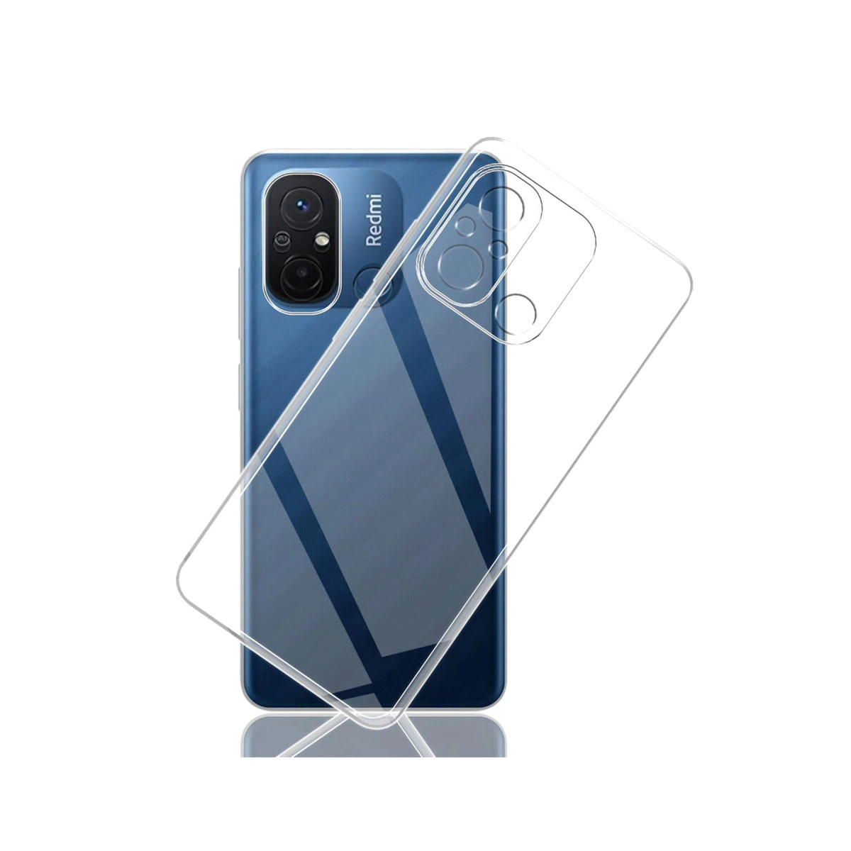 Şeffaf telefon kılıfı mavi bir Redmi telefonun üzerinde duruyor.