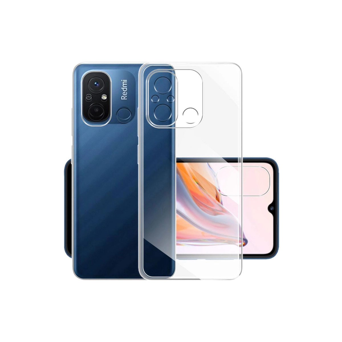 Arkadan aydınlatmalı mavi Redmi telefon, şeffaf kılıf ve arka plan.