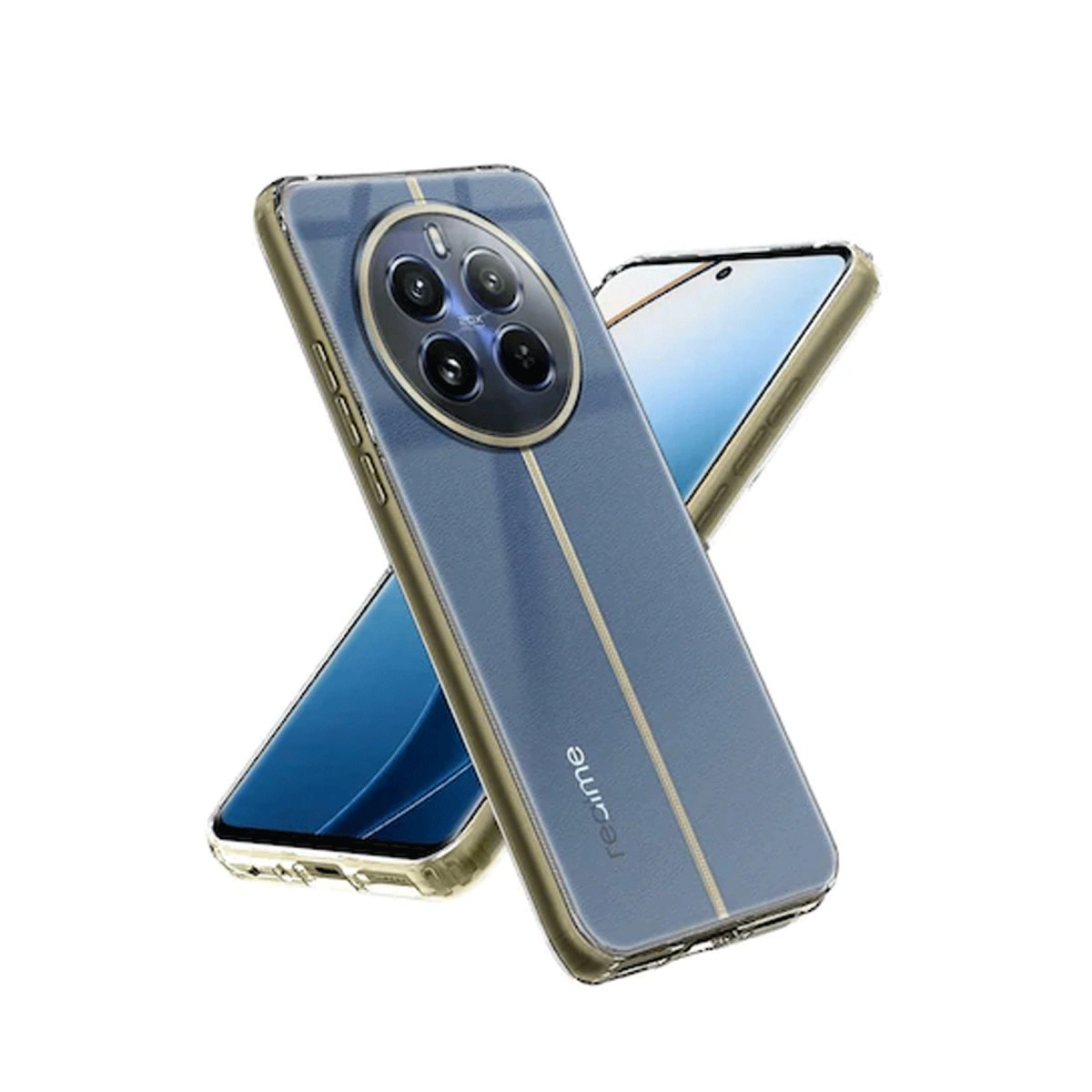 Dört kameralı ve altın şeritli mavi telefon kılıfı.