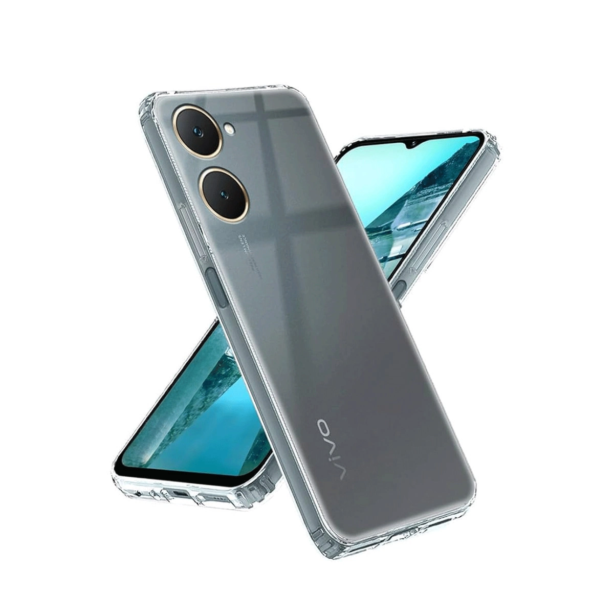 Akıllı telefonlu iki şeffaf kılıf. Bir kılıfta çift kamera görünüyor.