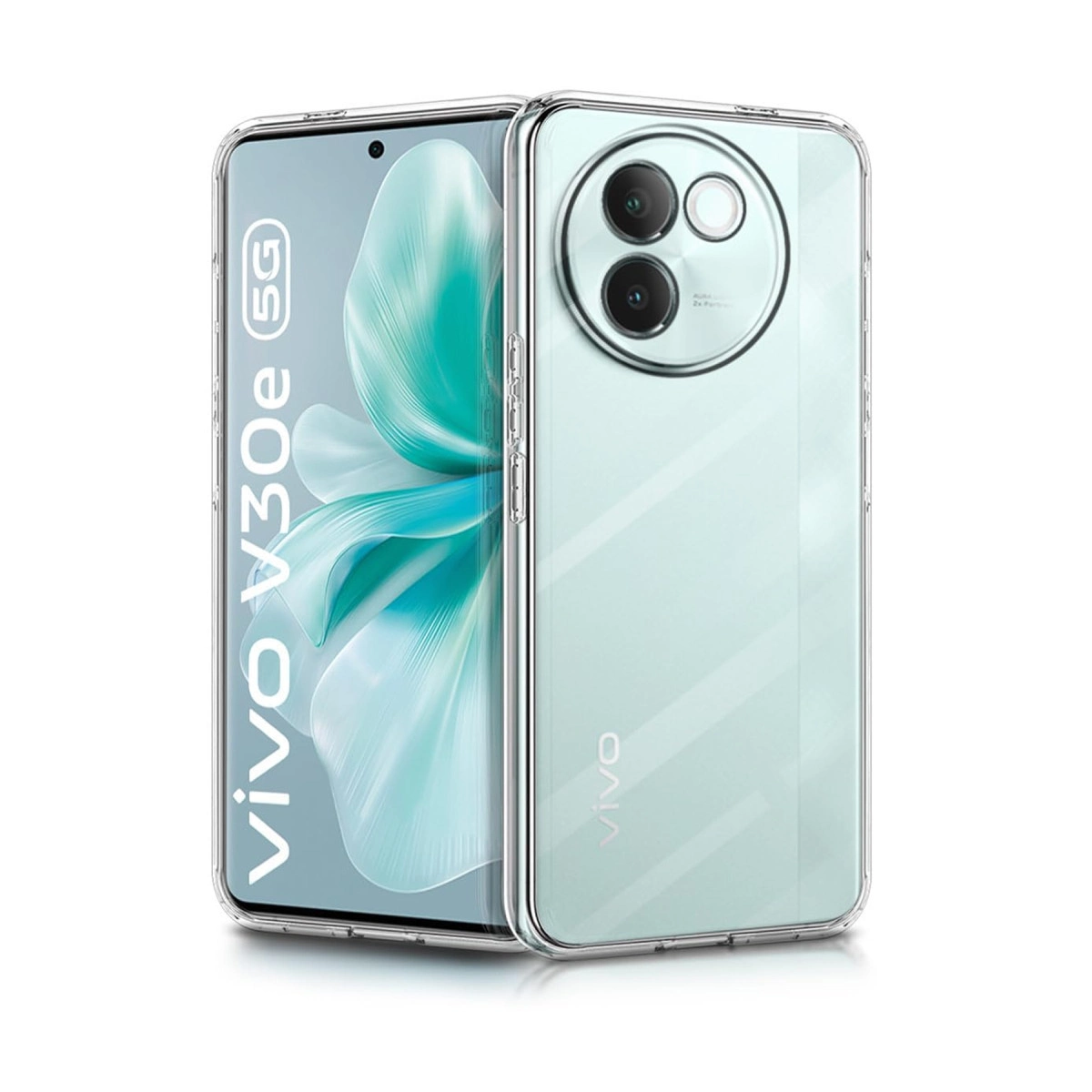 Çift kameralı açık yeşil Vivo telefonunu sergileyen şeffaf telefon kılıfı.
