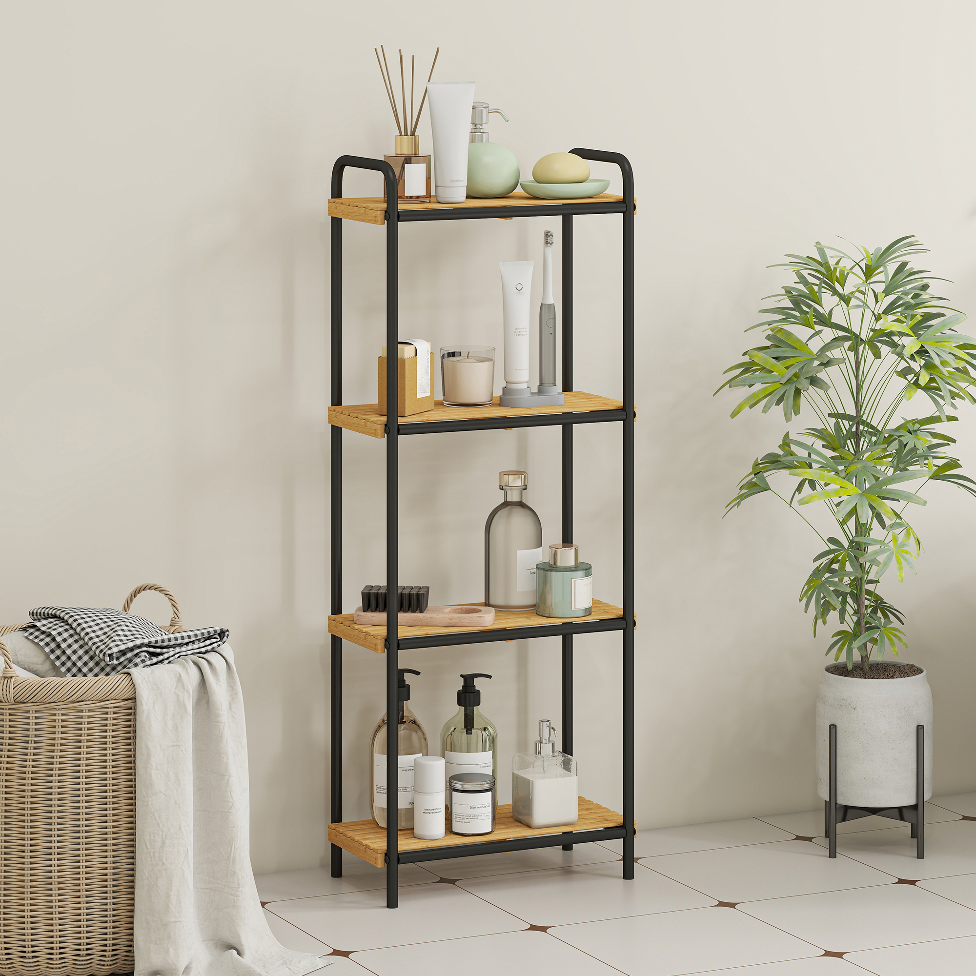 Un estante con artículos de baño, junto a una cesta de lavandería y una planta.