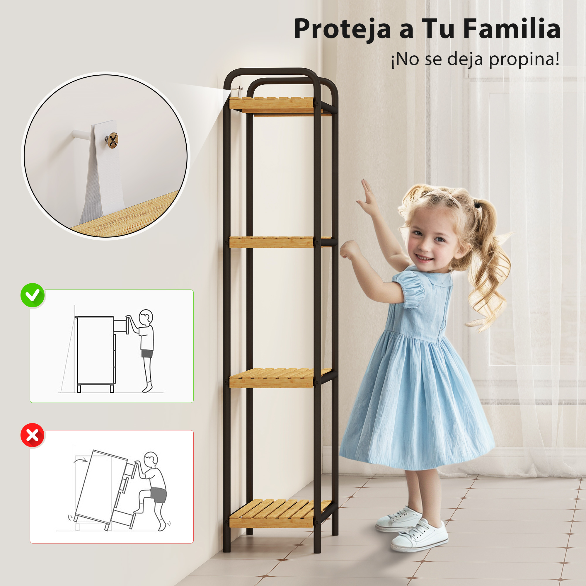 Una niña con vestido azul junto a una estantería. Instrucciones de seguridad.