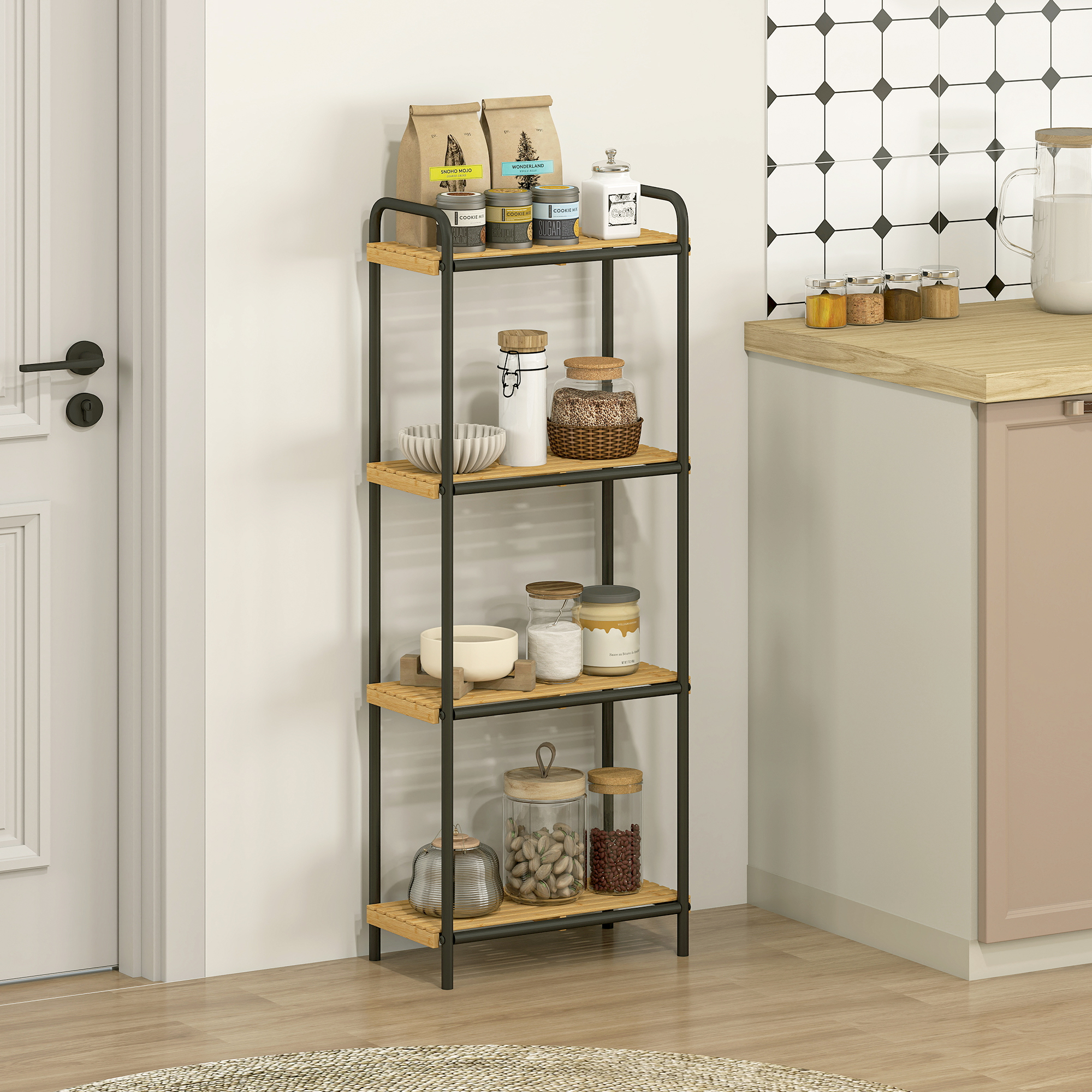 Un estante estrecho de cocina con suministros junto a una puerta blanca.