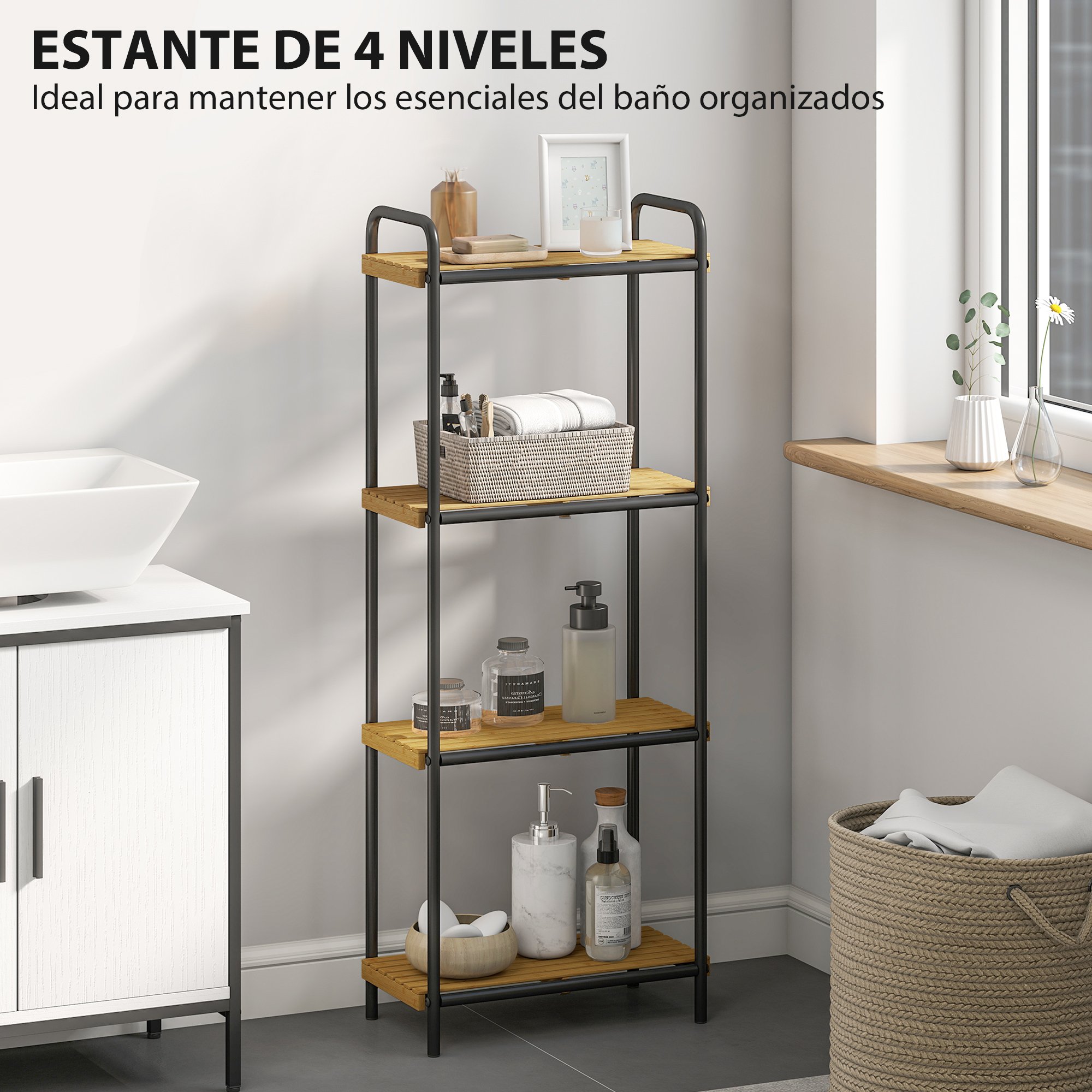 Estante estrecho de cuatro niveles con baldas de madera y marco metálico, con artículos de baño.