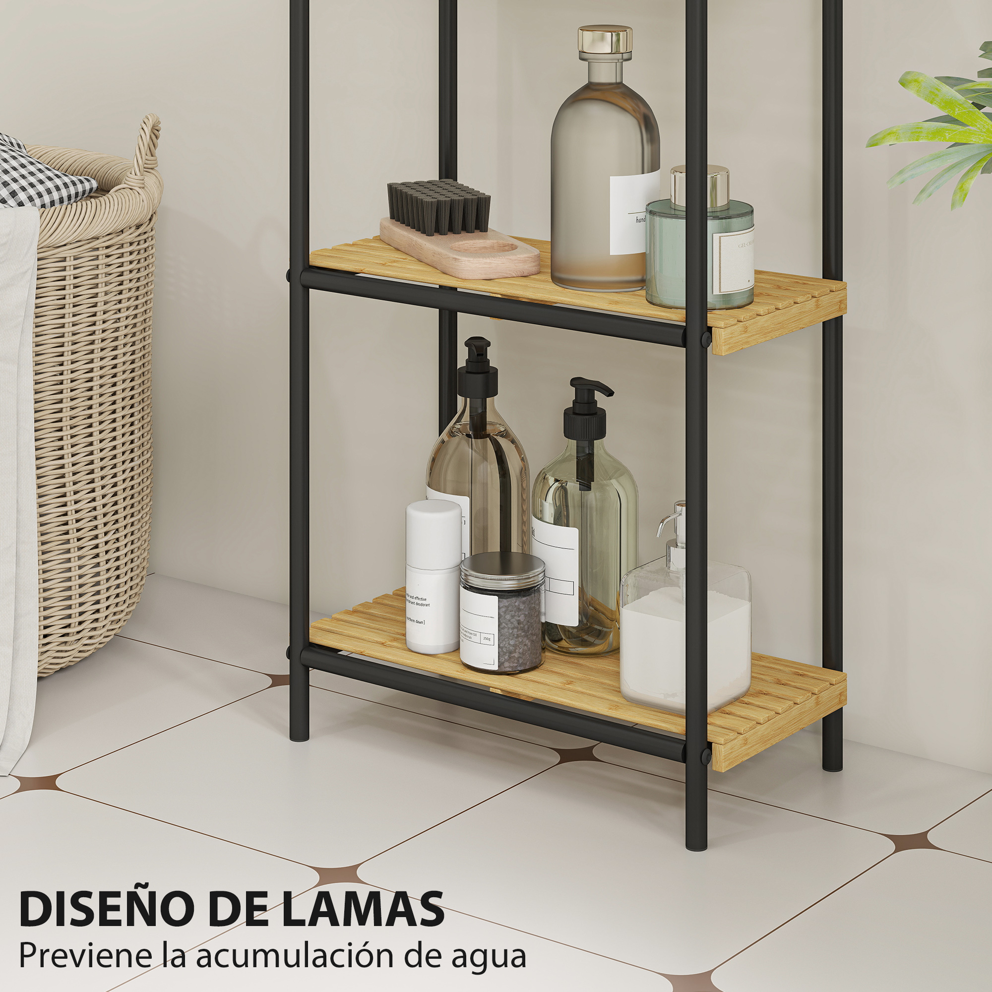 Un estante con artículos de baño como jabón y cepillo, junto a una cesta de lavandería.