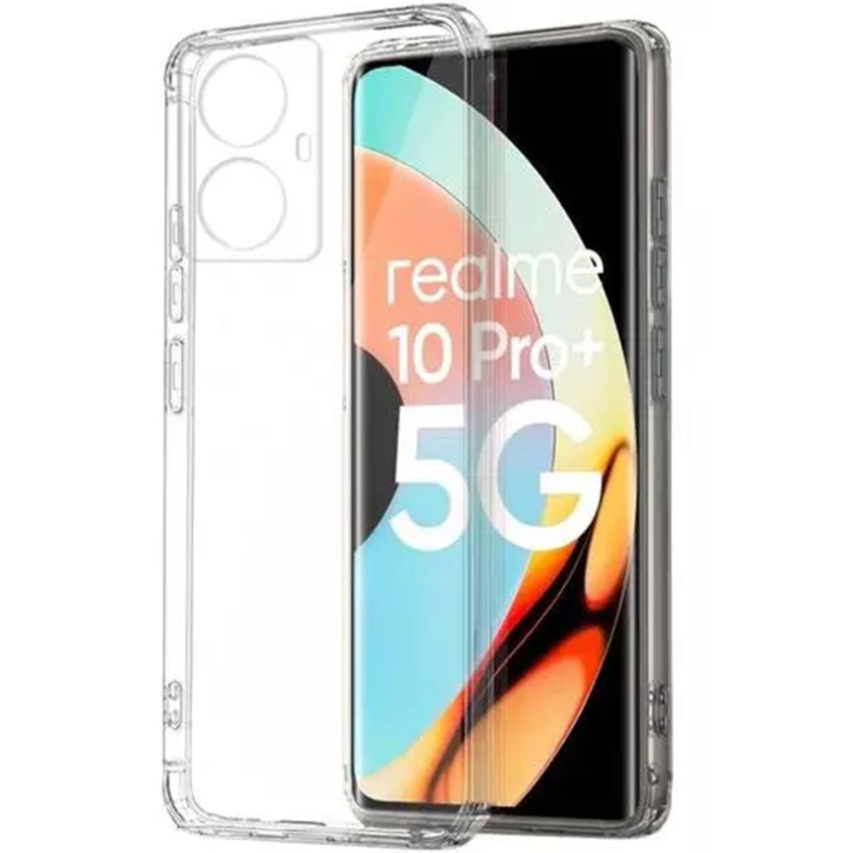 Şeffaf telefon kılıfı, Realme 10 Pro+ 5G akıllı telefonu sarıyor.