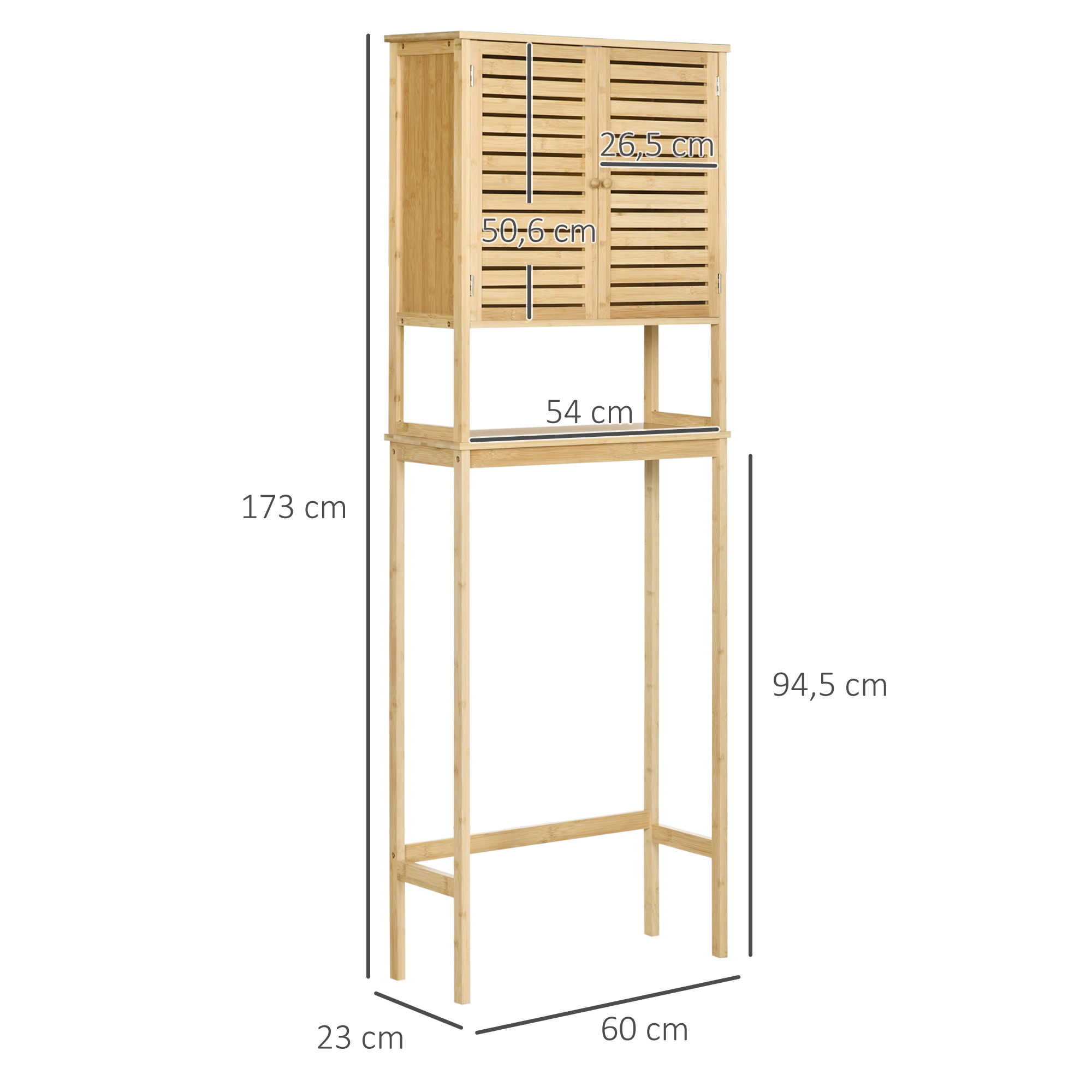 Un armario alto y estrecho de madera con lamas, se indican las dimensiones.