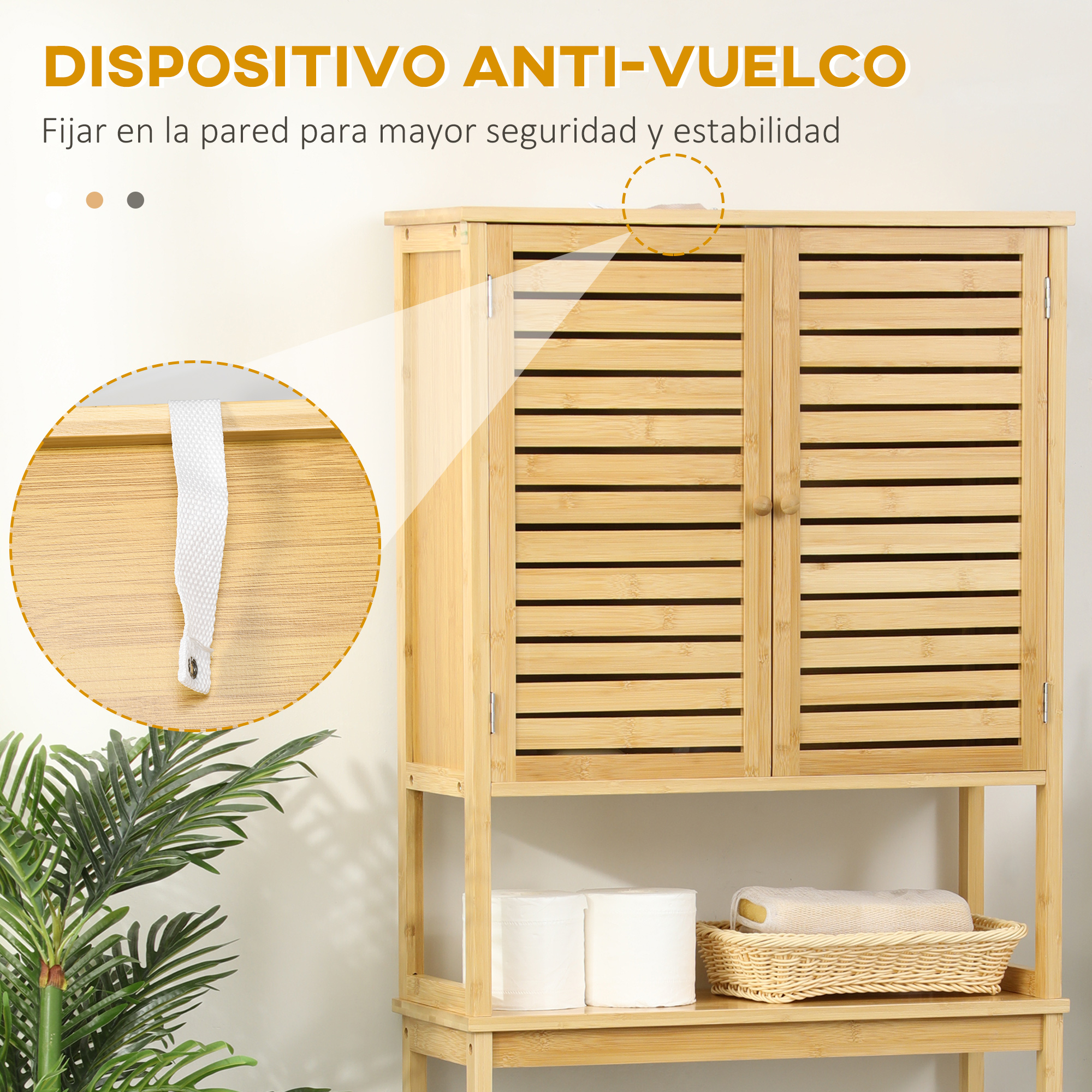 Armario de baño de bambú con puertas de lamas, cestas y papel higiénico.