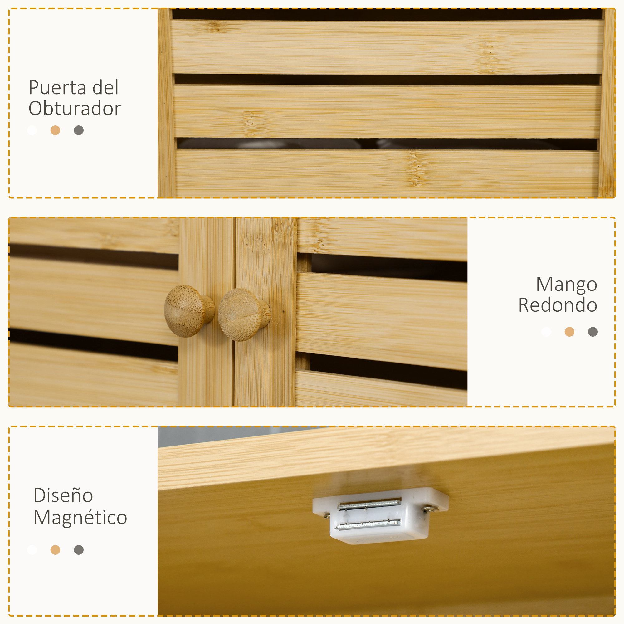 Mueble de bambú con puertas de lamas, tiradores redondos y cierre magnético.