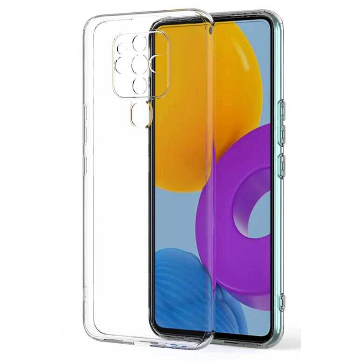 Renkli bir telefon ekranının önünde şeffaf bir telefon kılıfı.