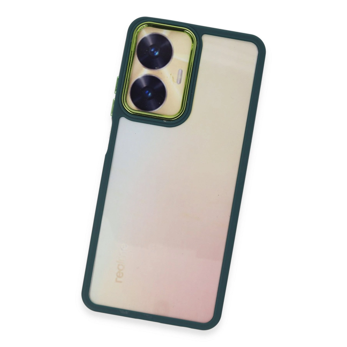 İki kameralı, pembe-beyaz geçişli koyu yeşil telefon kılıfı.
