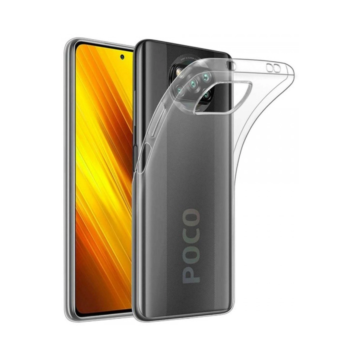 Sarı ekranlı gri Poco telefonda şeffaf telefon kılıfı.
