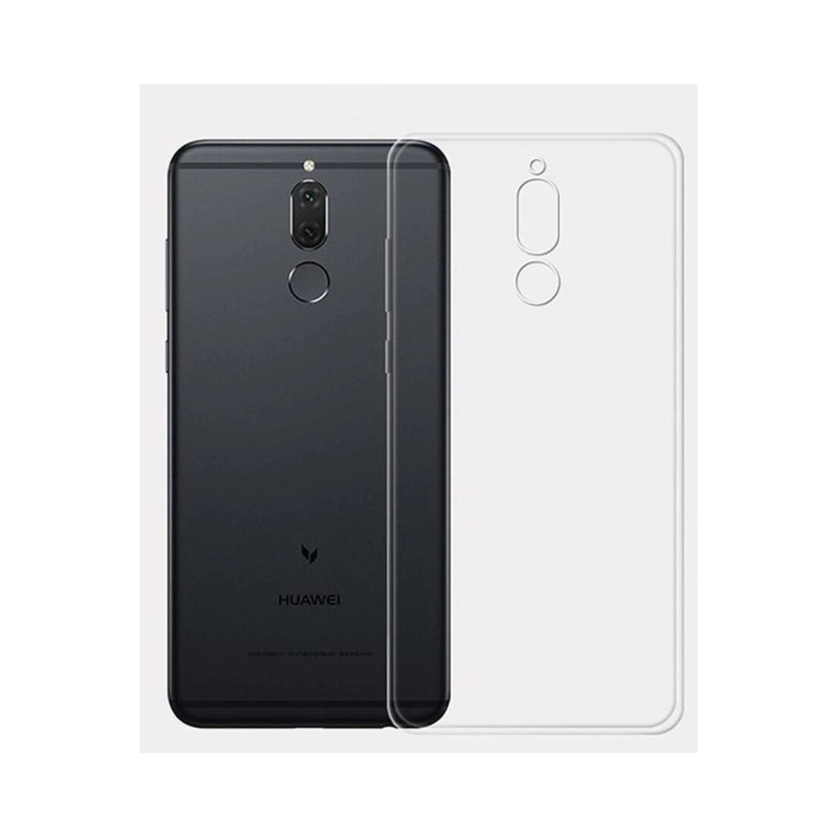 Şeffaf bir telefon kılıfının yanında siyah bir Huawei telefon.