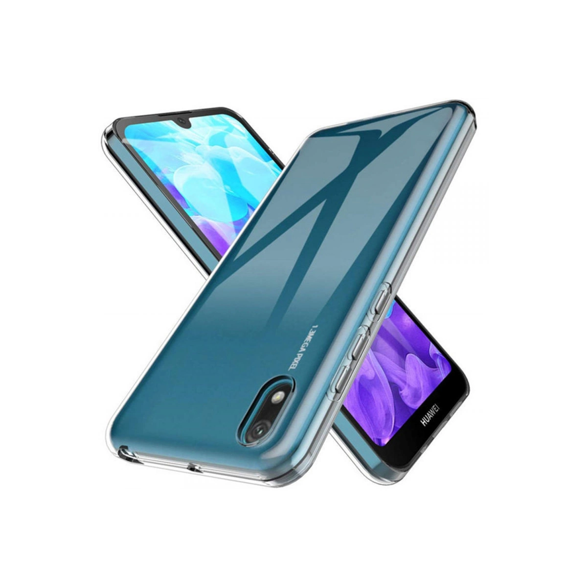 Şeffaf kılıflı iki mavi-yeşil akıllı telefon, beyaz arka plan.