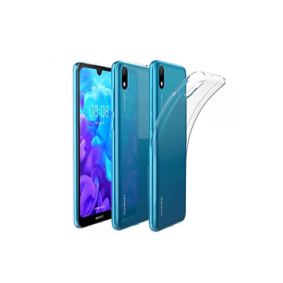 Beyaz arka planda şeffaf kılıflı üç mavi Huawei telefon.