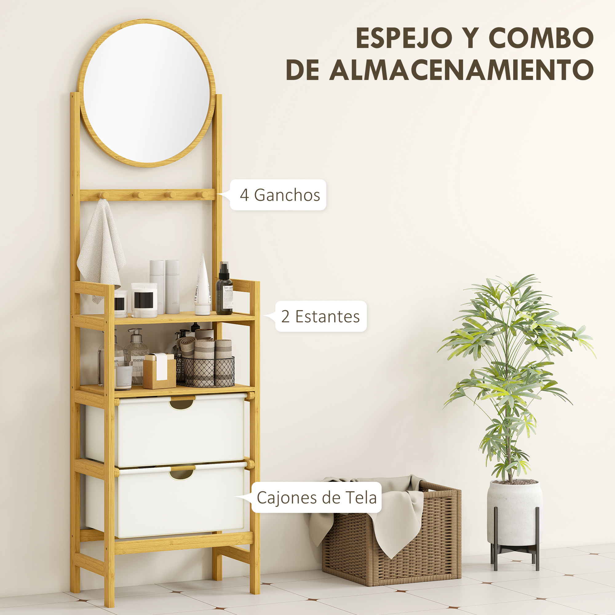 Unidad de almacenamiento de baño con espejo, ganchos, estantes y cajones.