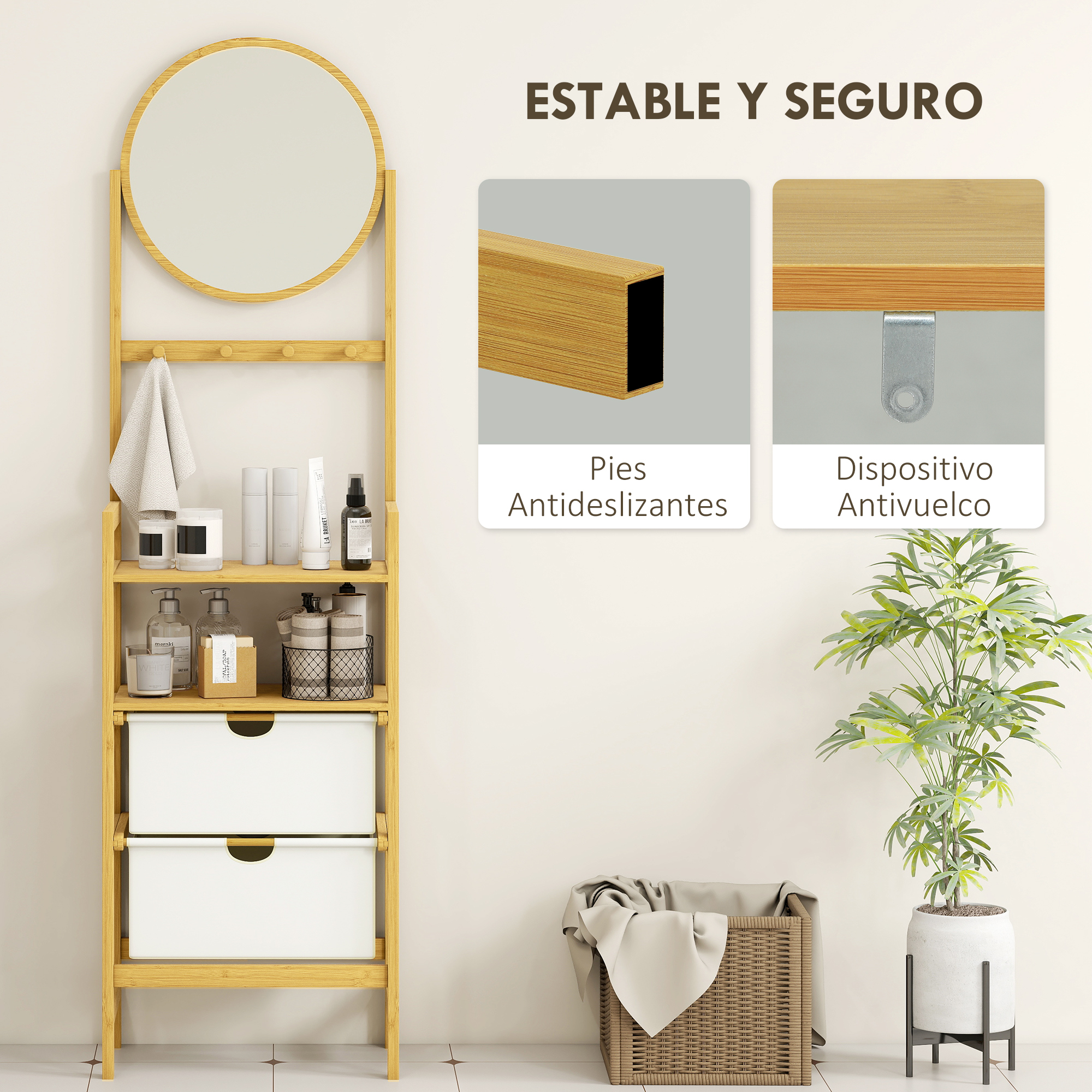 Estantería de bambú con espejo, toallas, botellas, cajones, cesta, planta. Estable y seguro.