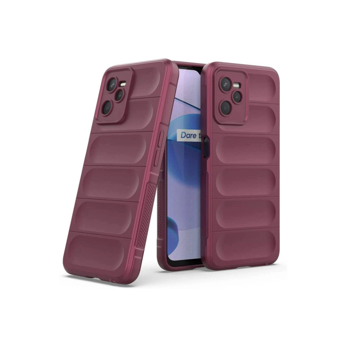 Beyaz arka plan üzerinde nervürlü desenli iki bordo telefon kılıfı.