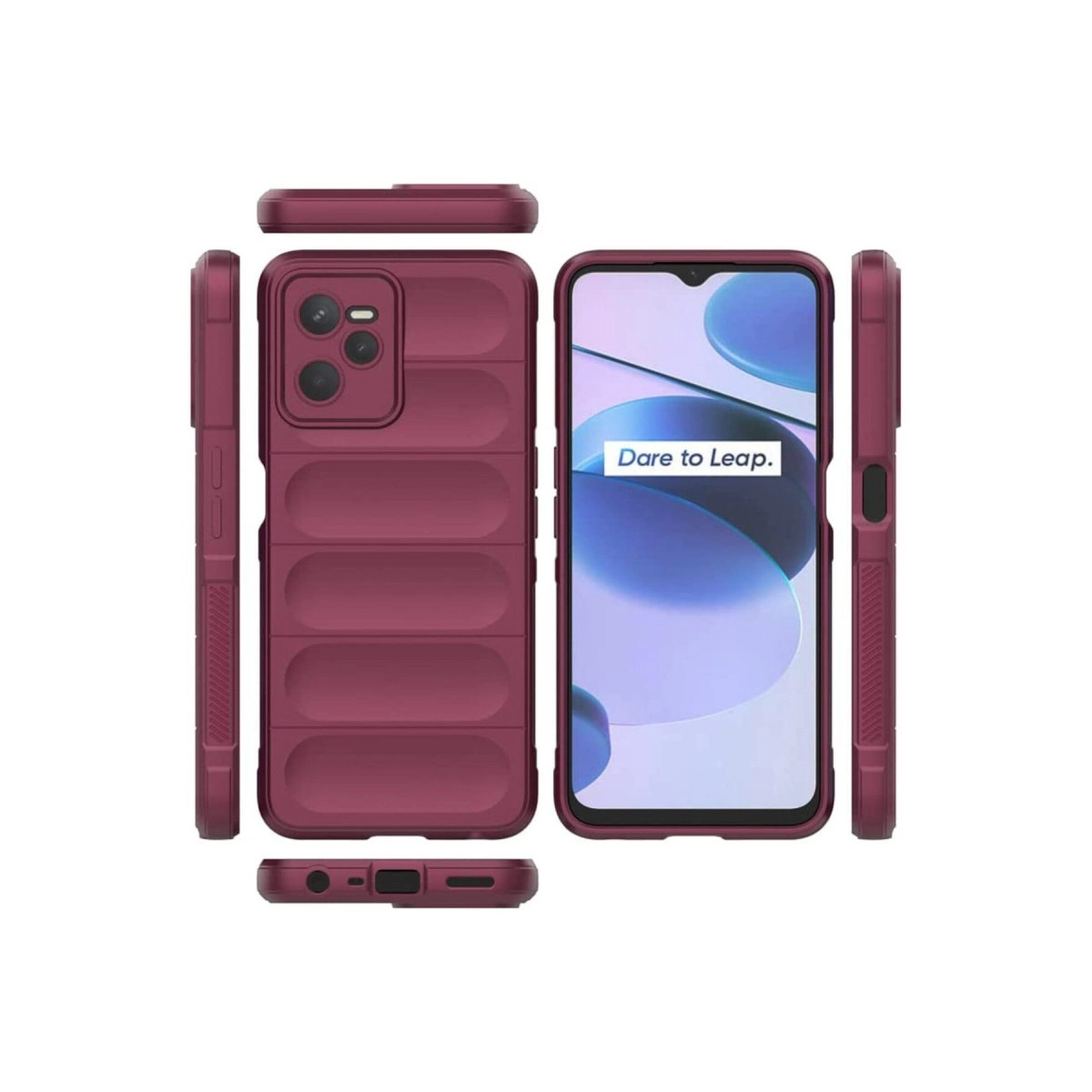 Koyu kırmızı telefon kılıfı, ön ve yan görünümleriyle telefonla birlikte.
