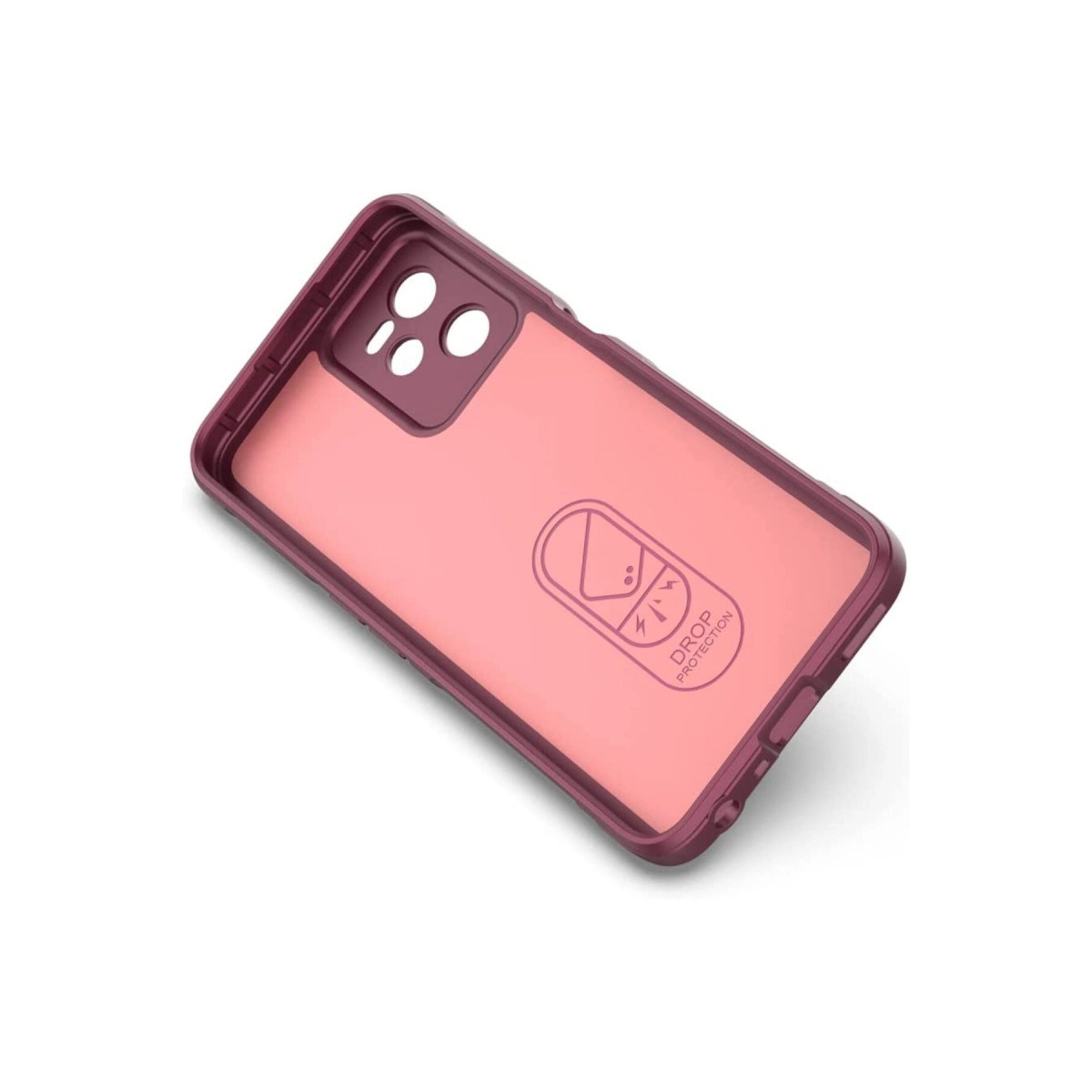 Koyu kırmızı kenarlı pembe telefon kılıfı ve düşme koruması simgesi.