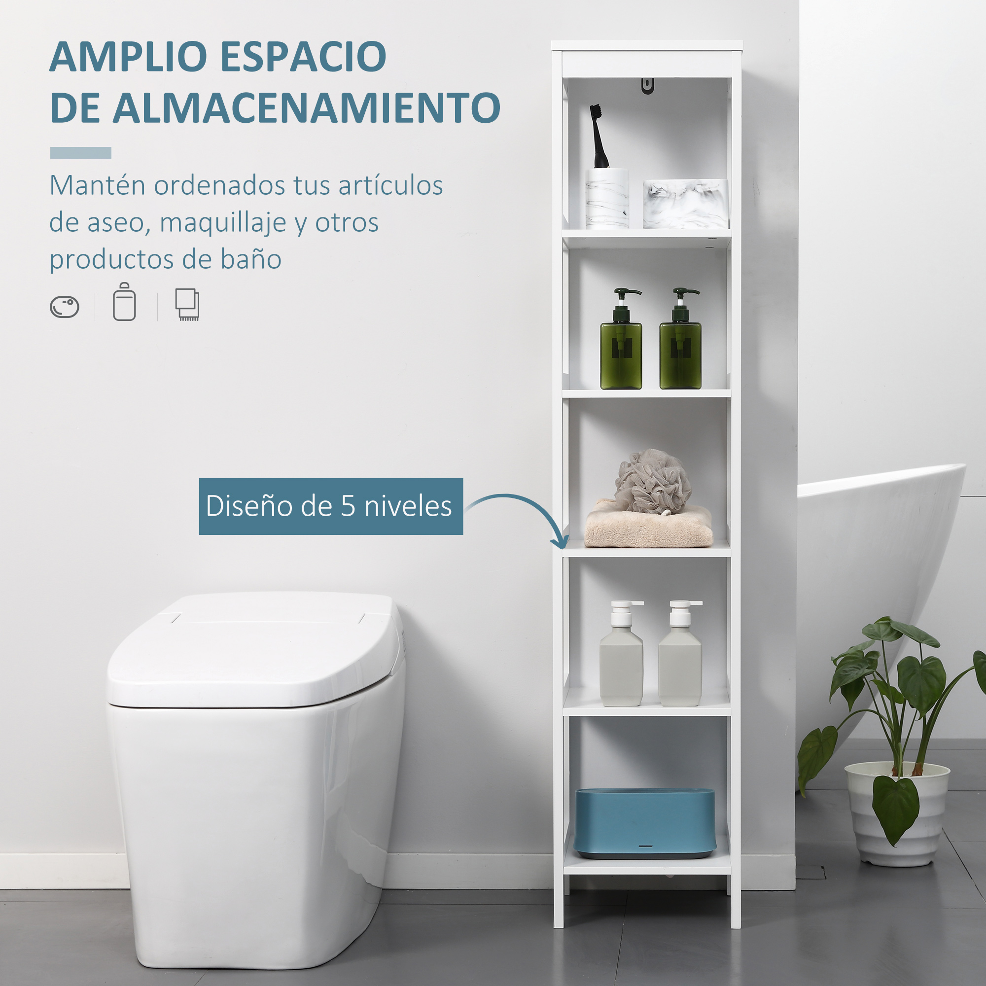 Un estante blanco y elegante de 5 niveles junto a un inodoro, con artículos de baño.
