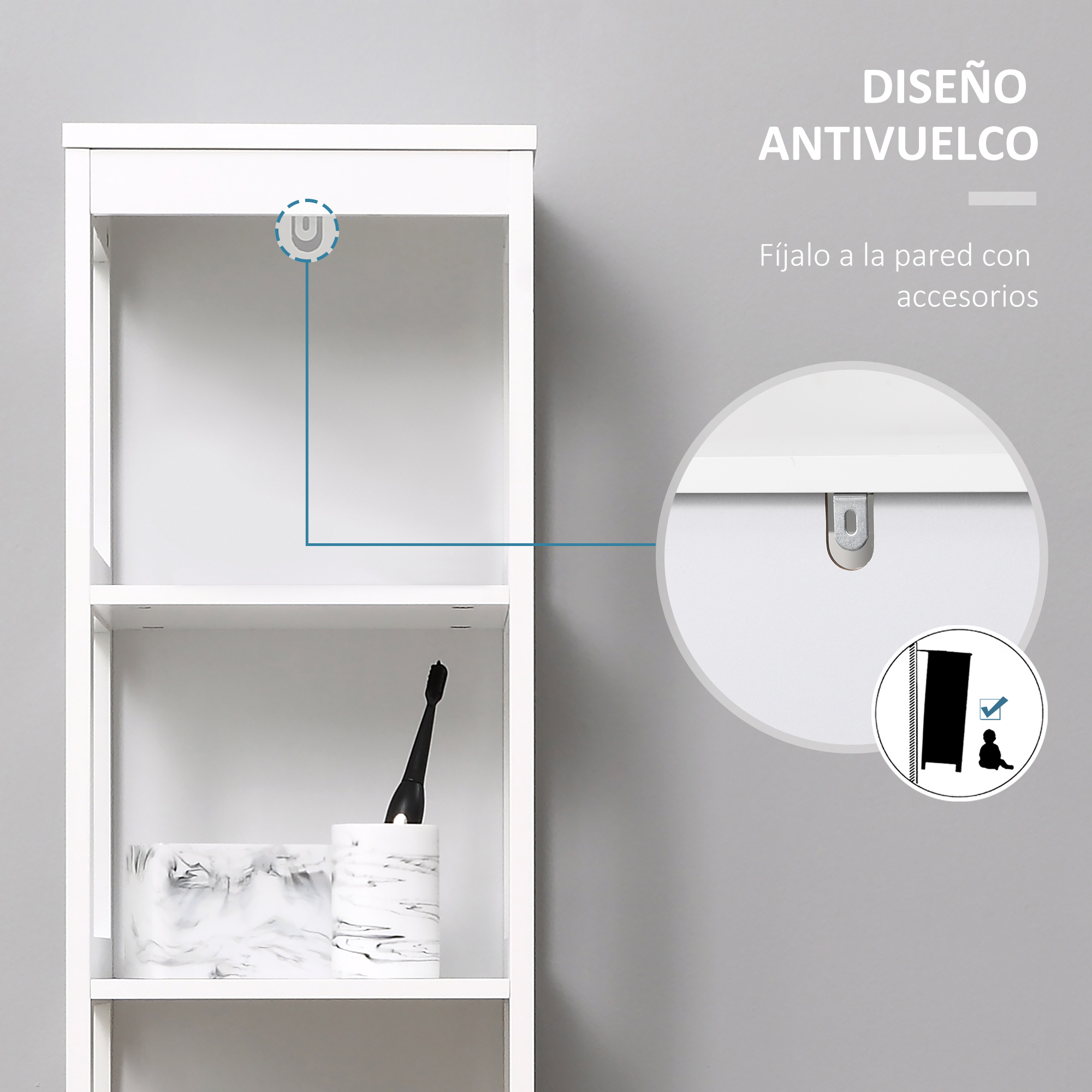 Estantes blancos con recipientes de mármol y un soporte para cepillo de dientes.