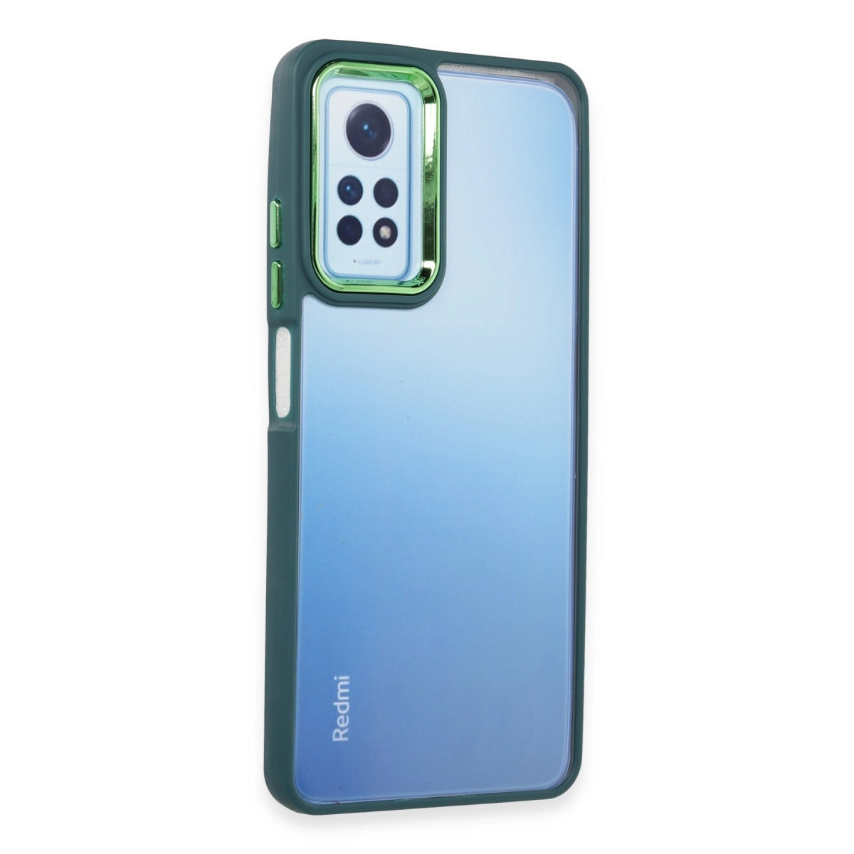 Yeşil telefon kılıfı, kamera modüllü mavi bir akıllı telefonu korur.