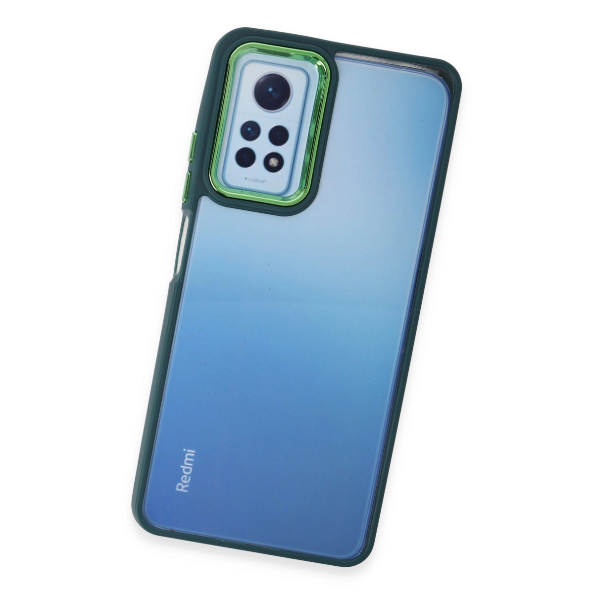 Yeşil kenarlı ve kamera kesimli mavi telefon kılıfı.