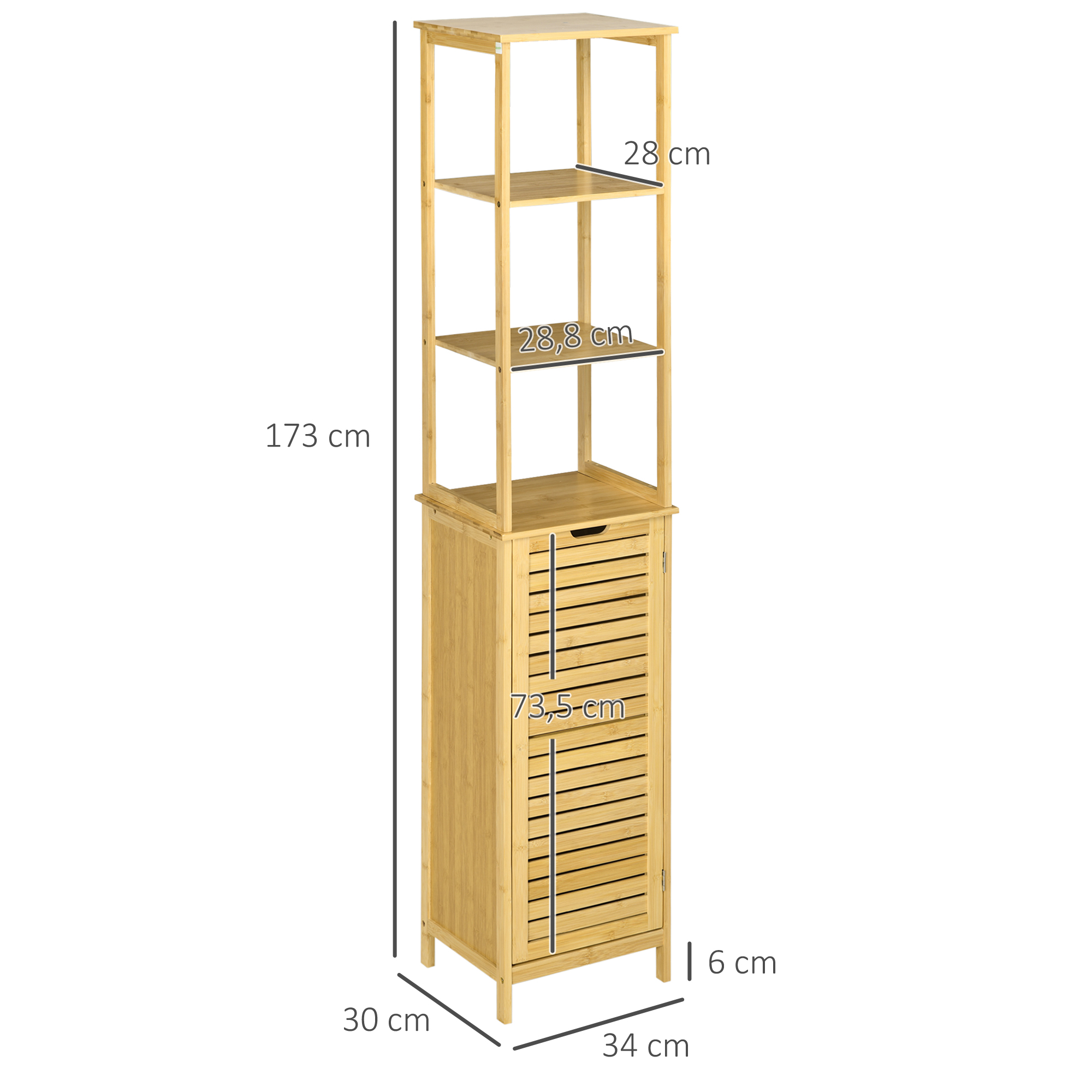Un mueble de baño alto y estrecho de madera con estantes abiertos arriba y puertas de lamas abajo.
