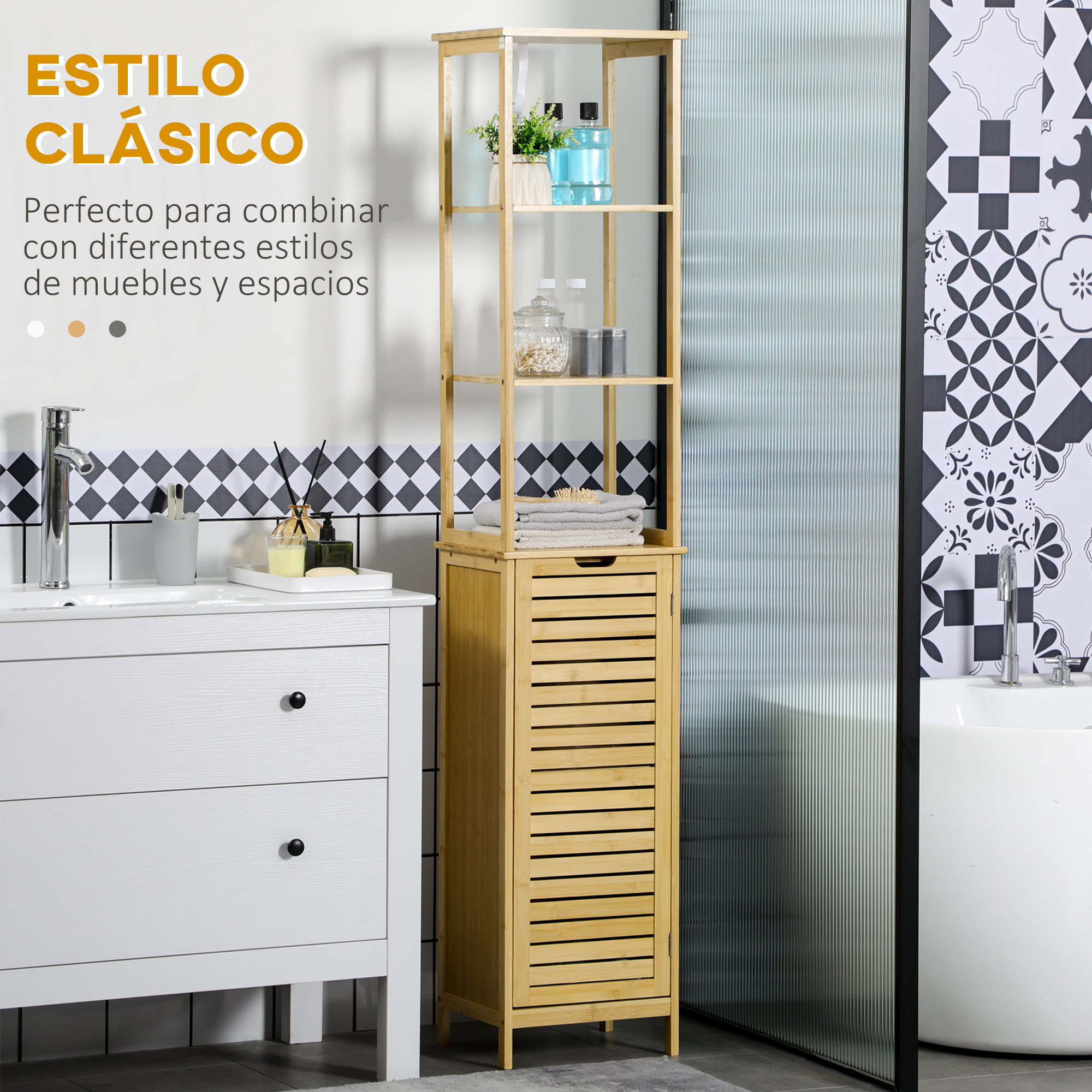 Un estrecha estantería de madera junto a un lavabo blanco con grifo.
